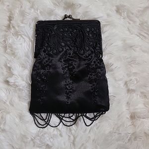 Vintage Jessic McClintock Black Satin Beaded Mini Evening Bag Clutch Y2K